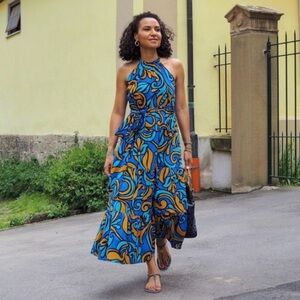 Vibrant Blue and Orange Halter Dress